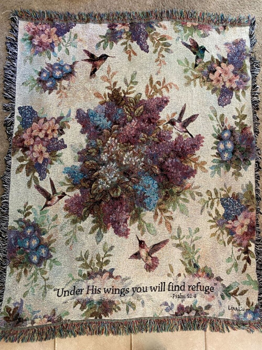 Vintage Whisper Wings Lena Liu Throw Blanket Psalm 91:4 Hummingbirds & Lilacs 50